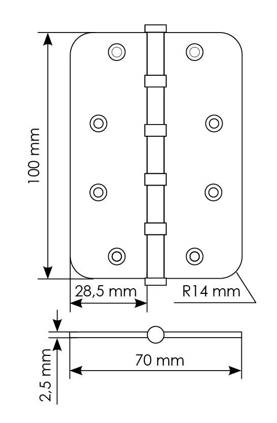 Петля стальная MSN-C 100X70X2.5-4BB SN скругленная универсальная с подшипником, вес полотна до 40 кг, цвет белый никель фото купить в Владивостоке