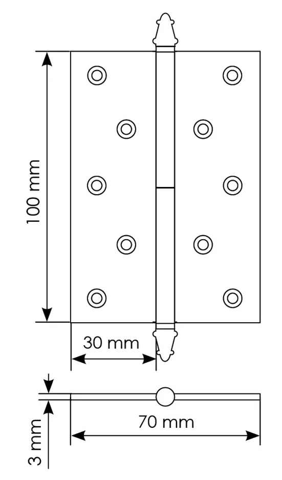 Петля разъемная латунная карточная  MB 100X70X3 SC R C с коронкой правая, врезная, цвет матовый хром фото купить в Владивостоке